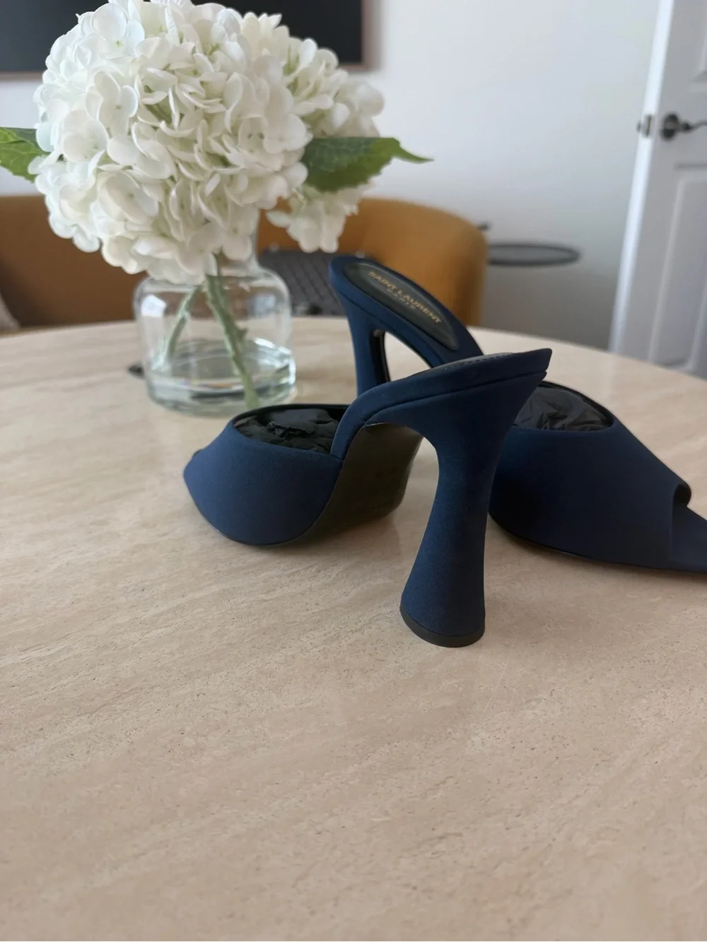 Saint Laurent Navy Open-Toe Mule Heels with Sculpted Heel - Picture 2 of 7